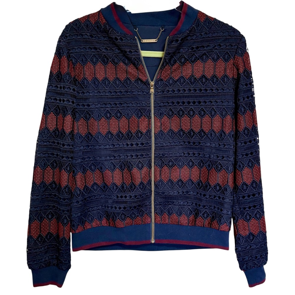 Trina Turk Womens Medium Navy Burgundy Geometric Lace‎ Full Zip Up Bomber Jacket